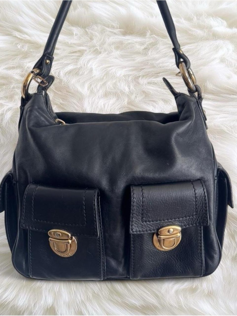 Marc Jacobs Black Leather Shoulder Bag with Gold Hardware